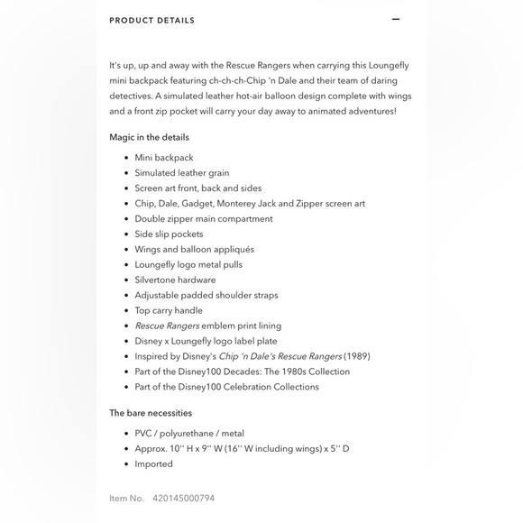 Chip 'n Dale's Rescue Rangers Loungefly Mini Backpack – Disney100 - Picture 5 of 7